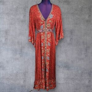 Bali Rattan Red Floral Kimono Maxi Dress Boho Peasant Size Medium‎ Women's
